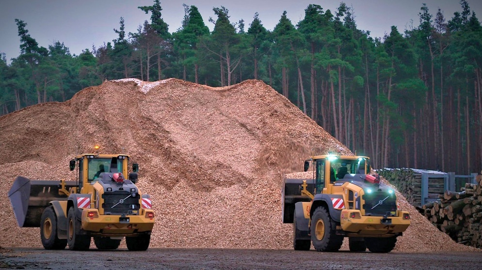 Holz ist der neue Hoffnungsträger. Es soll im Baugewerbe den Beton und im Kraftwerk die Kohle ersetzen und so die Klimakrise stoppen helfen. Doch der Holzlieferant Wald ist selbst bedroht. Wie sollen die Wälder zugleich Klimaschützer, Naherholungsgebiet und Wirtschaftsfaktor sein? Was kann der Wald leisten, ohne vollends zur Ware zu werden? Im Bild: Bei der Firma Fiberboard in Baruth wird zerhacktes Holz zur Laminat-Produktion verladen. | Bildquelle: BR/rbb