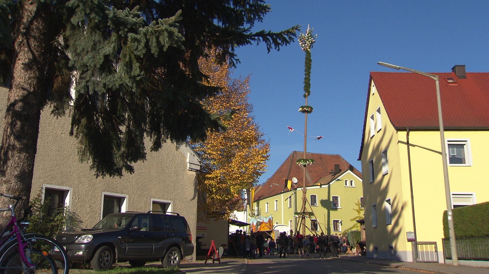 Am Kirwasamstag wird der geschmückte, 30m hohe Baum auf dem Dorfplatz von Fronberg aufgestellt. | Bildquelle: BR