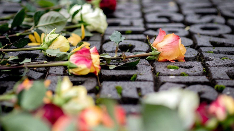 Zahlreiche Rosen liegen während einer Gedenkveranstaltung am ehemaligen Standort der Synagoge in der Peterstraße auf einer Gedenkstätte. | Bildquelle: picture alliance/dpa | Hauke-Christian Dittrich